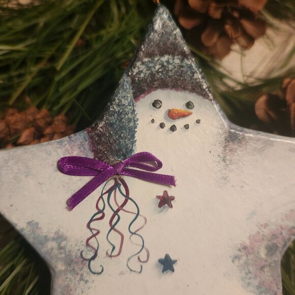 Handcrafted Star-Shaped Snowman Ornament by C Villa Paper Mache Christmas Decor - Picture 2 of 5
